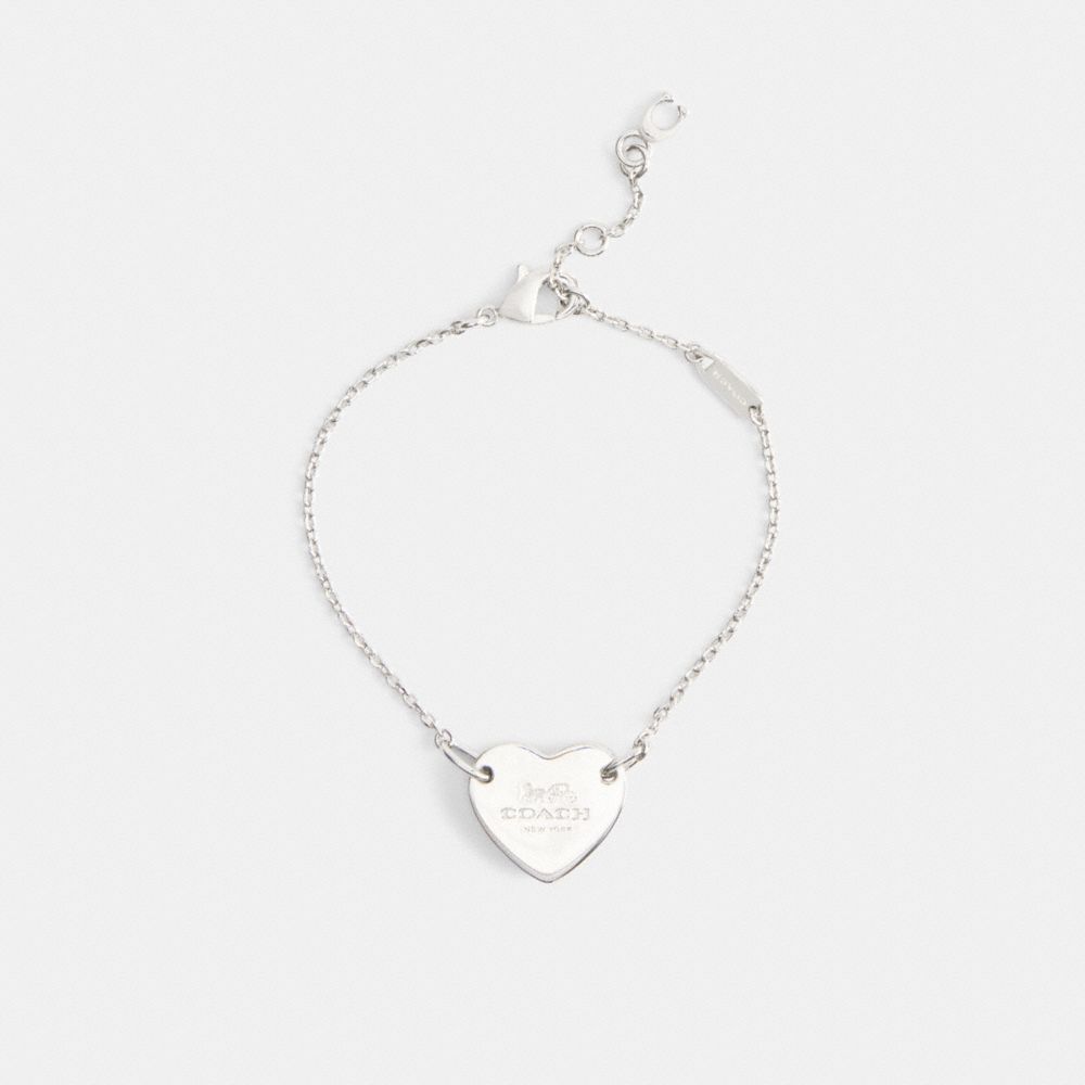 COACH®,Coach Heart Linear Bracelet,Cubic Zirconia,Etchings,Chain Link,Heart Embellishment,Rhinestones,Brass Silver,Silver ...,,Inside View,Top View