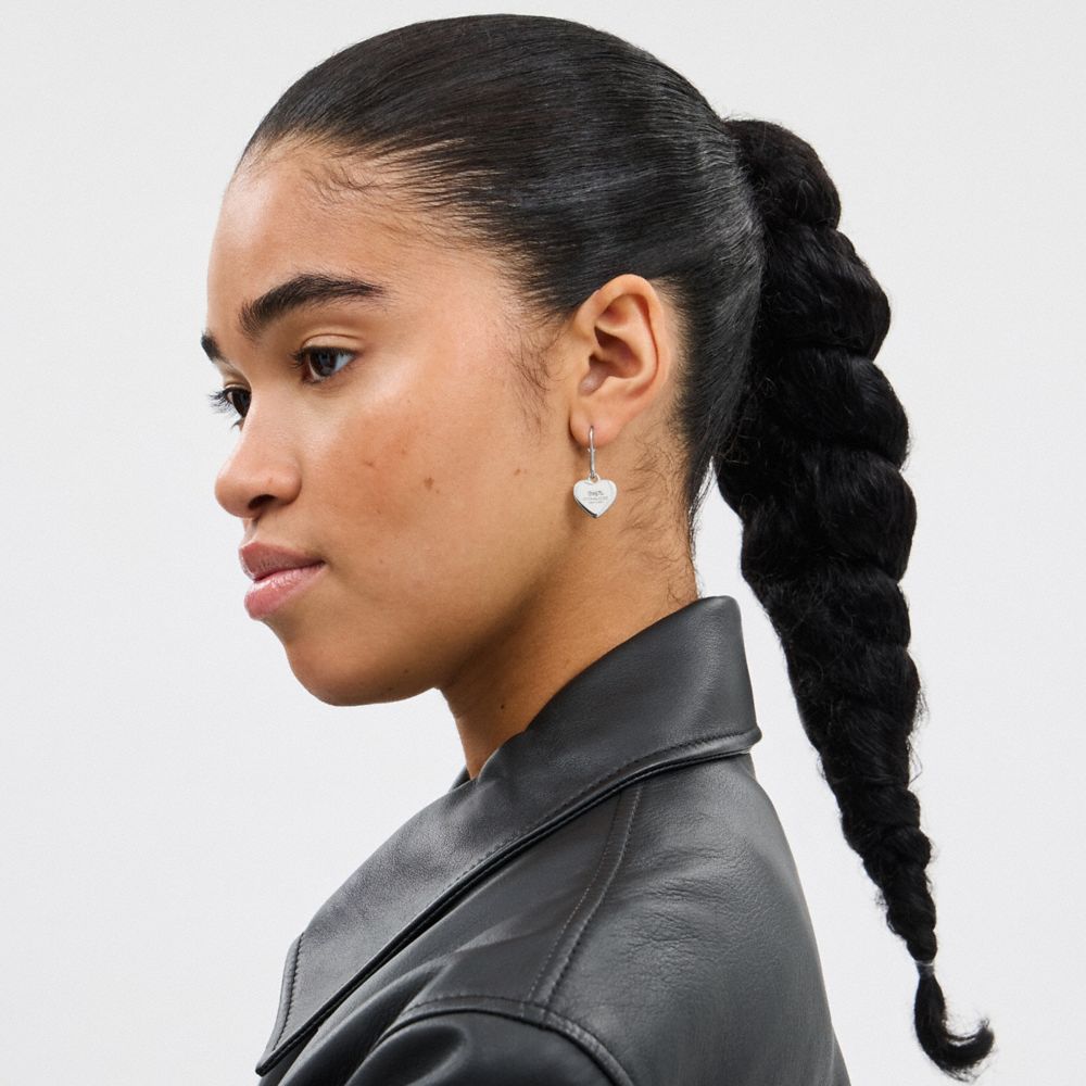 COACH®,Coach Heart Drop Earrings,Dangle Earring,Cubic Zirconia,Rhinestones,Heart Embellishment,Silver Plated,Brass,Casual,,Detail View