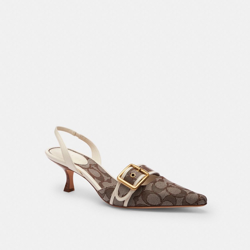COACH®,Margot Slingback In Signature Jacquard,Recycled Polyester,Cotton,Recycled Cotton,Leather,Lining Leather,Lining Recy...,Brown,Front View
