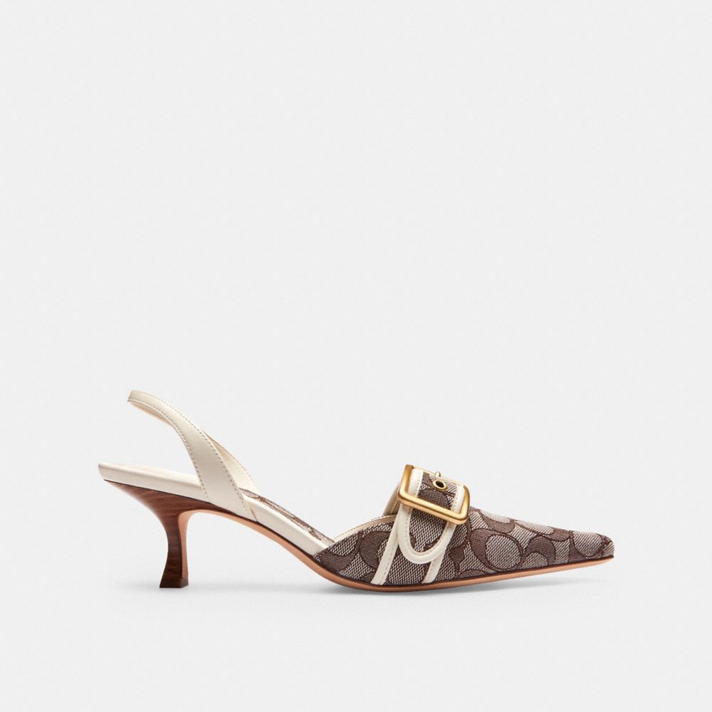 COACH®,Margot Slingback In Signature Jacquard,Recycled Polyester,Cotton,Recycled Cotton,Leather,Lining Leather,Lining Recy...,Brown,Angle View