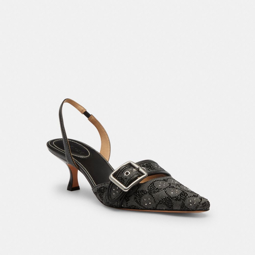COACH®,Margot Slingback In Crystal Signature Jacquard,Recycled Polyester,Cotton,Leather,Pumps,Crystal,Fabric,Rhinestones,P...,Black,Front View