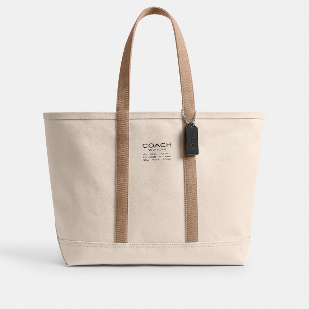 COACH®,Utility Tote,Leather,Cotton,Canvas,Tote,Logo,Word Embellishment,Sustainable,Casual,Cream,Front View