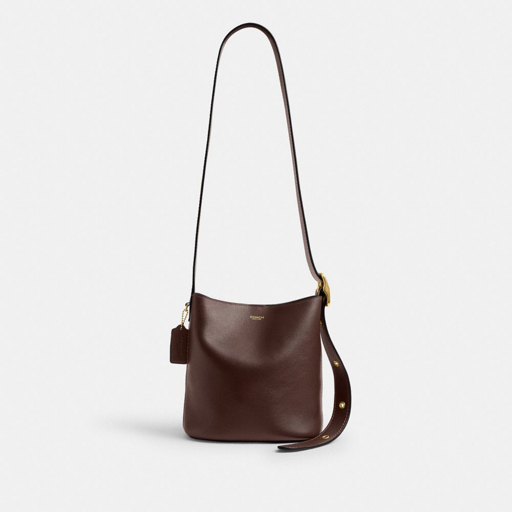COACH®,Bleecker Bucket Bag 21,Leather,Bucket,Hobo,Compact,Removable Pouch,Adjustable,Lined,Brass,Casual,Brown,Front View