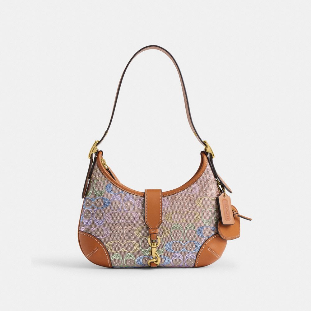 COACH®,Hamptons Hobo Bag In Crystal Signature Jacquard,Recycled Polyester,Cotton,Leather,Shoulder Bag,Gem Embellishment,Em...,Brown,Front View