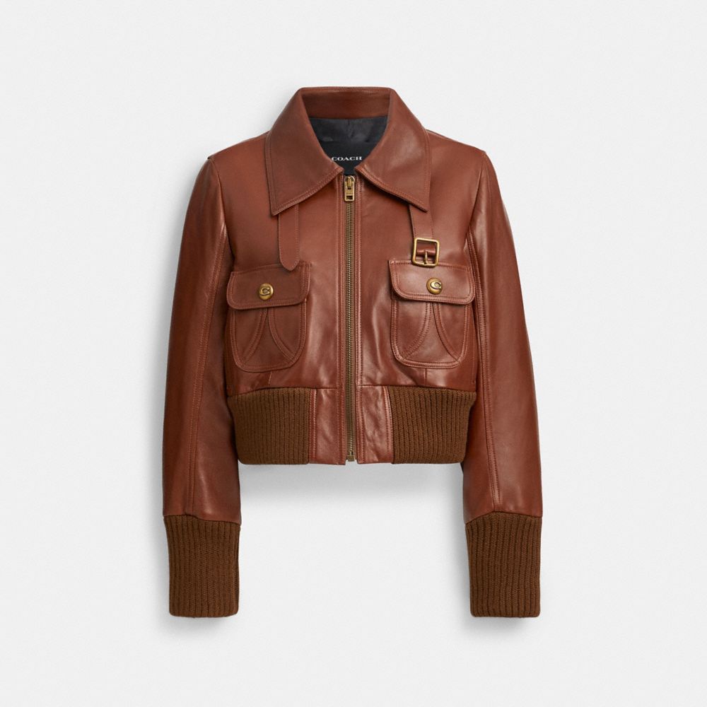 COACH®,Shrunken Leather Aviator Jacket,Brown,Front View