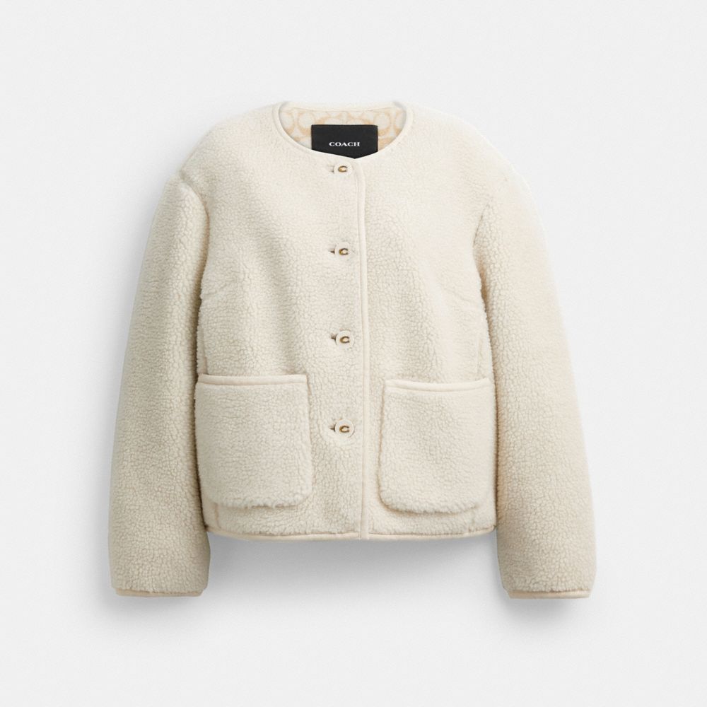 COACH®,Short Sherpa Cardi Jacket,Polyester,Sherpa,Teddy,Metal,Logo,Casual,Cream,Front View