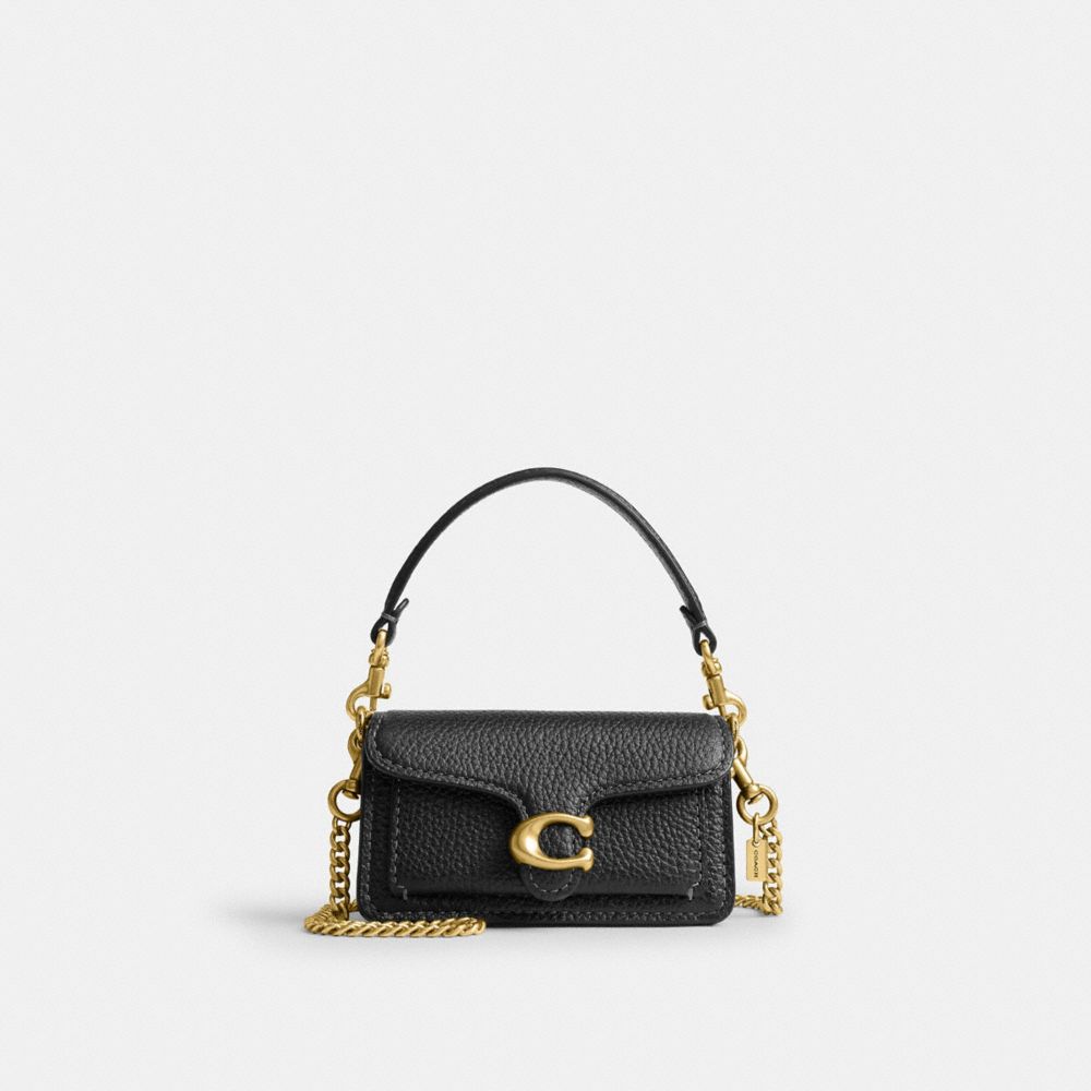 COACH®,Tabby Bag Charm,Leather,Bag Charm,3D Embellishment,Logo,Metal,Lined,Shoulder Guard,Compact,Gold Metal,Black,Front View