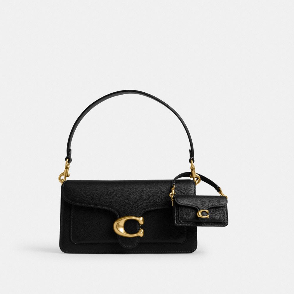 COACH®,Tabby Bag Charm,Leather,Bag Charm,3D Embellishment,Logo,Metal,Lined,Shoulder Guard,Compact,Gold Metal,Black,Angle View