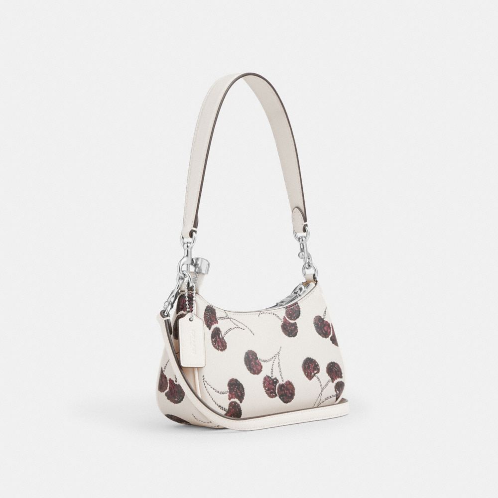 COACH®,Teri Mini Crossbody Bag With Cherry Print,Leather,Shoulder Bag,Glitter,Sequin,Silver Metal,Day Party,White,Angle View