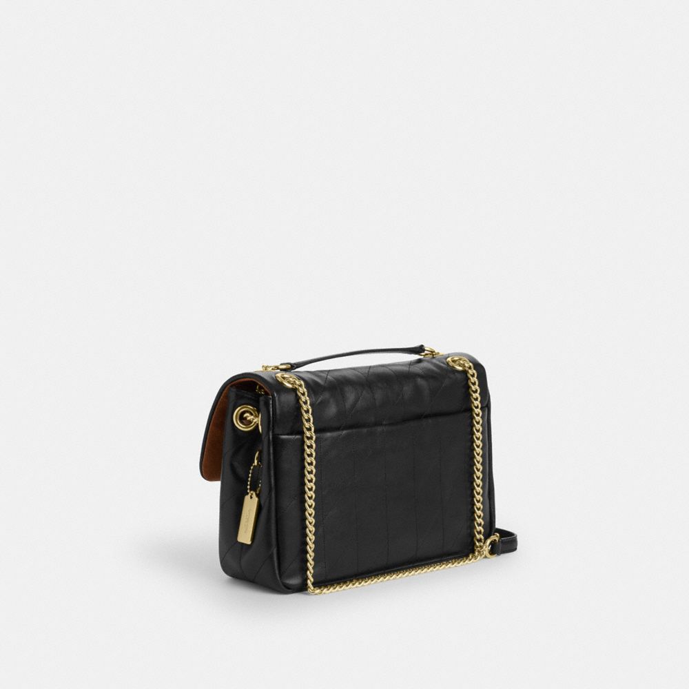 COACH®,Elodie Crossbody Bag With Quilting,Leather,Shoulder Bag,Logo,Metal,Shoulder Guard,Gold Metal,Day Party,Black,Angle View