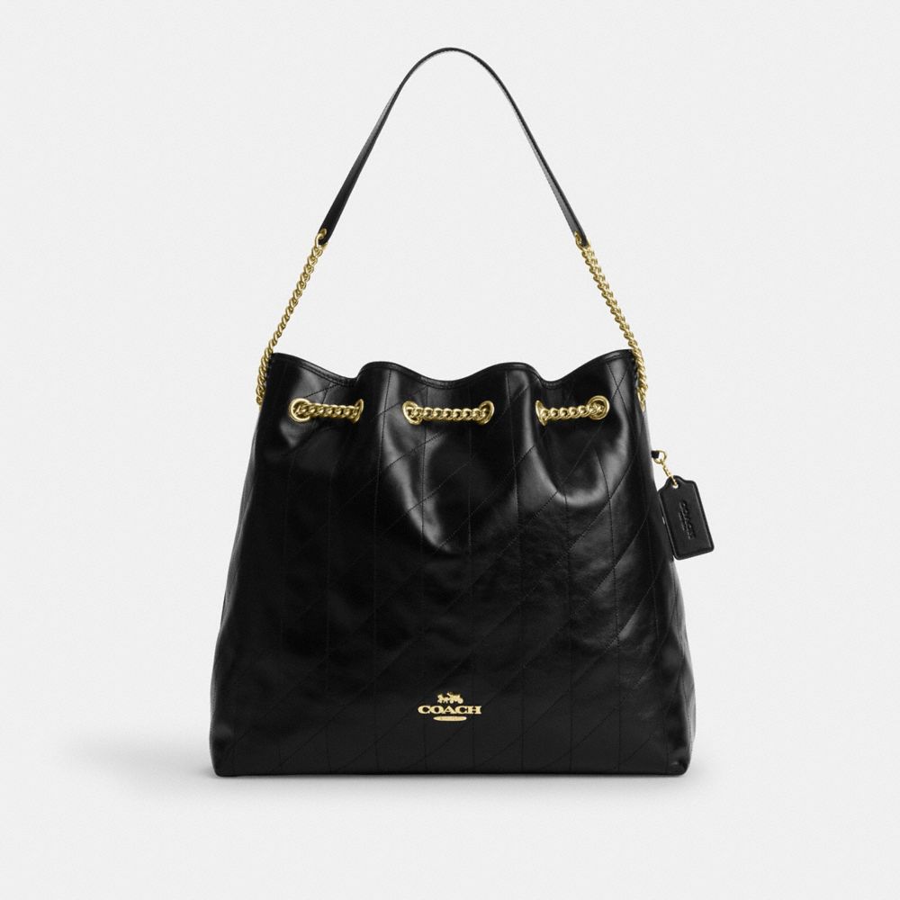 COACH®,Evelyn Large Shoulder Bag With Quilting,Leather,Bucket,Metal,Logo,Day Party,Black,Front View