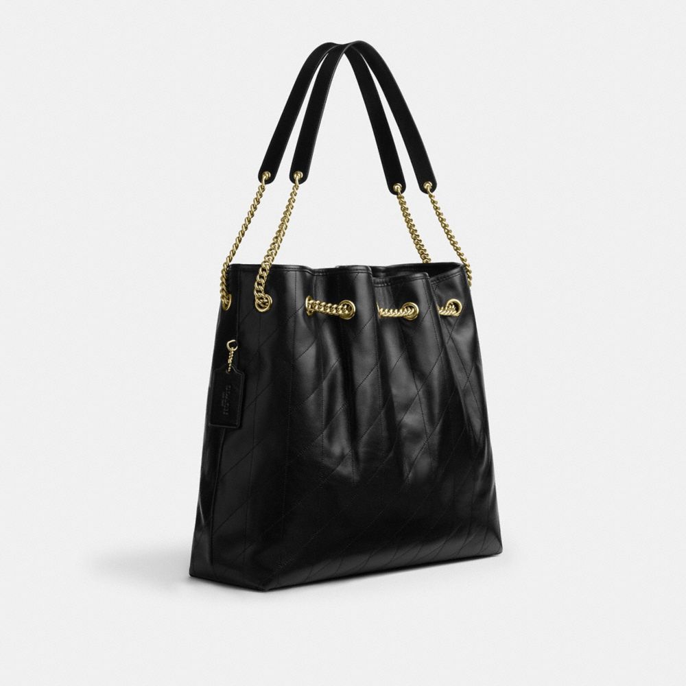 COACH®,Evelyn Large Shoulder Bag With Quilting,Leather,Bucket,Metal,Logo,Day Party,Black,Angle View