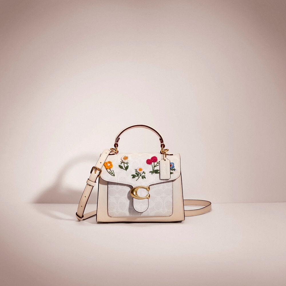 Coach Restored Tabby Top Handle 20 In Signature Canvas With Floral Embroidery In Brass/chalk