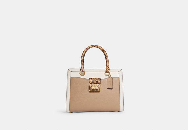 COACH®,GRACE CARRYALL IN COLORBLOCK,Refined Pebble Leather,Medium,Gold/Taupe Multi,Front View