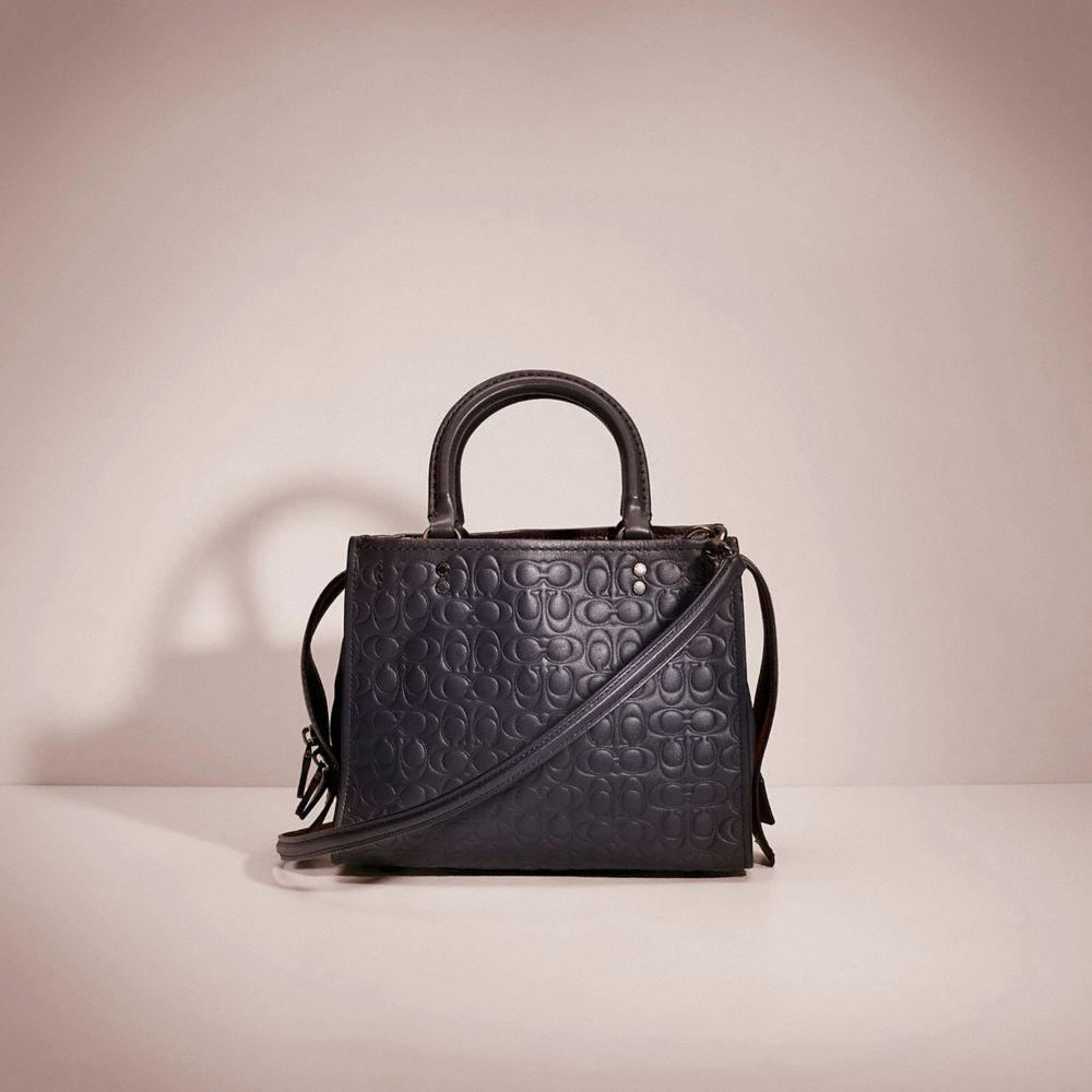 Coach Restored Rogue 25 In Signature Leather With Floral Bow Print Interior In Black Copper/midnight Navy