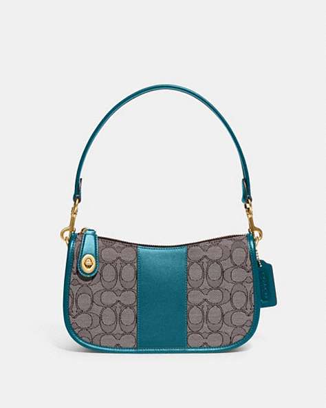 COACH®,SWINGER IN SIGNATURE JACQUARD,Jacquard,Brass/Oak Deep Turquoise,Front View