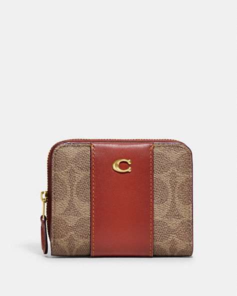 COACH®,BILLFOLD WALLET IN COLORBLOCK SIGNATURE CANVAS,Signature Coated Canvas,Mini,Brass/Tan/Rust,Front View