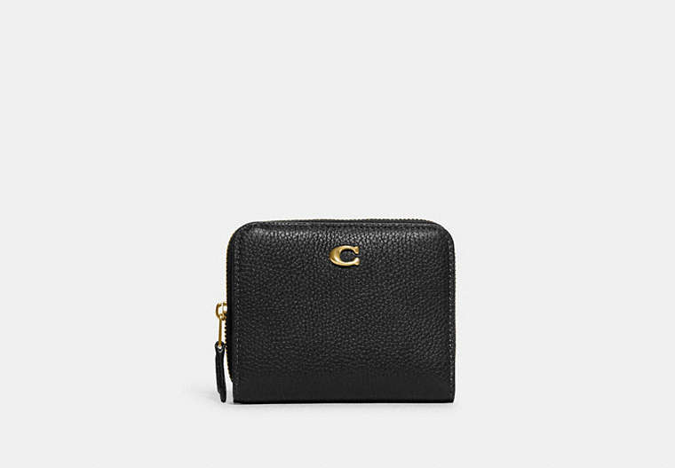 COACH®,BILLFOLD WALLET,Polished Pebble Leather,Mini,Brass/Black,Front View