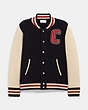 COACH®,VARSITY CARDIGAN IN RECYCLED WOOL AND RECYCLED CASHMERE,wool,Black/Ivory,Front View