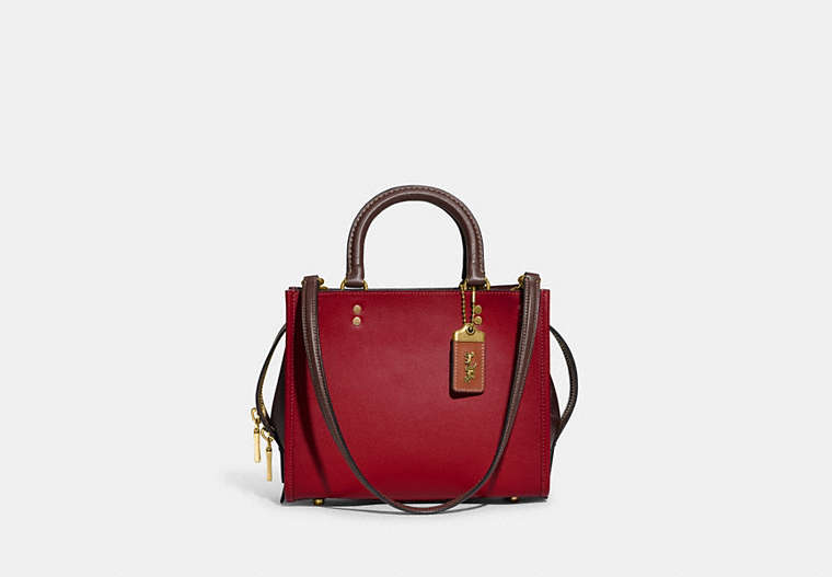 COACH®,ROGUE 25 IN COLORBLOCK,Smooth Leather,Medium,Brass/Brick Red Multi,Front View