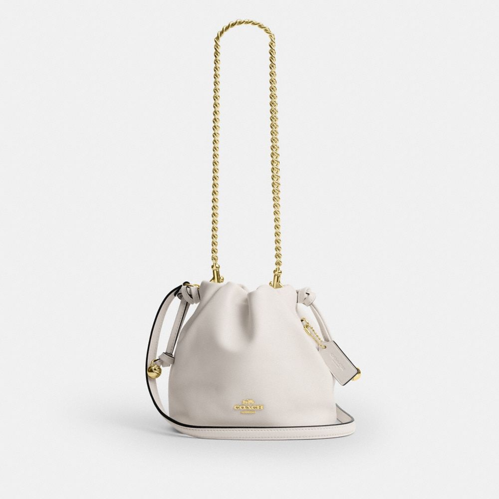 COACH®,Faye Mini Drawstring Bag,Leather,Bucket,Metal,Logo,Silver Metal,Day Party,White,Front View