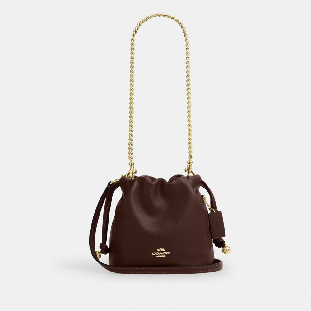 COACH®,Faye Mini Drawstring Bag,Leather,Bucket,Metal,Logo,Silver Metal,Day Party,,Front View