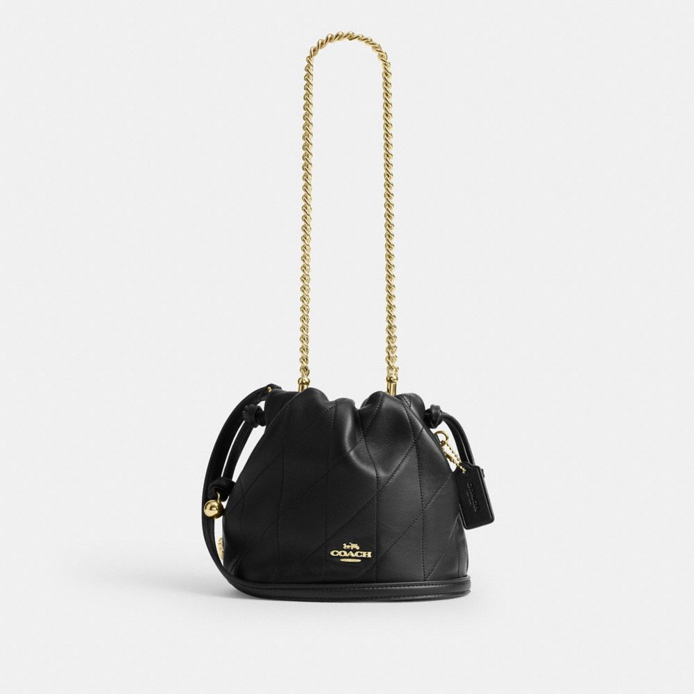 COACH®,Faye Mini Drawstring Bag With Quilting,Bucket,Logo,Metal,Adjustable,Shoulder Guard,Gold Metal,Day Party,Black,Front View