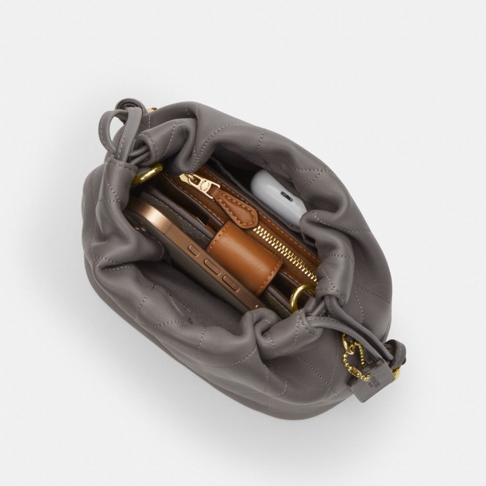 COACH®,Faye Mini Drawstring Bag With Quilting,Bucket,Logo,Metal,Adjustable,Shoulder Guard,Gold Metal,Day Party,Gray,Inside View,Top View