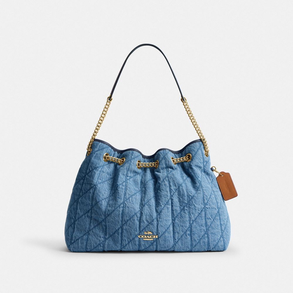 COACH®,Evelyn Shoulder Bag In Regenerative Cotton With Quilting,Leather,Denim,Cotton,Bucket,Logo,Metal,Piping,Casual,Blue,Front View