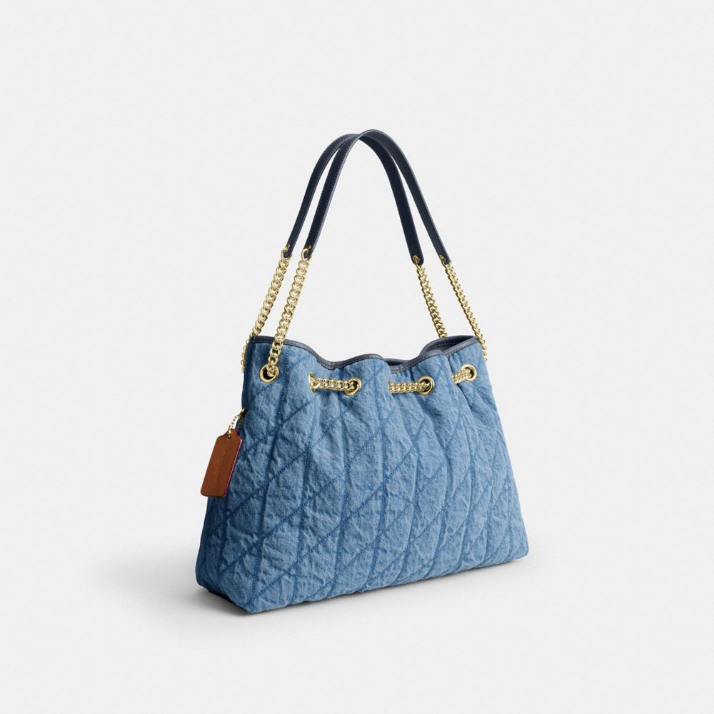 COACH®,Evelyn Shoulder Bag In Regenerative Cotton With Quilting,Leather,Denim,Cotton,Bucket,Logo,Metal,Piping,Casual,Blue,Angle View