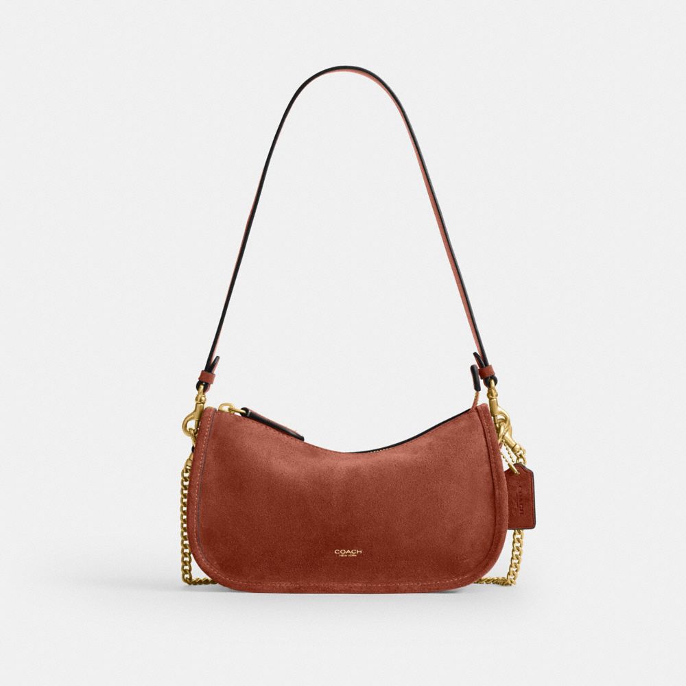 COACH®,Waverly Bag,Leather,Suede,Calfskin Leather,Shoulder Bag,Compact,Brass,Day Party,Brown,Front View