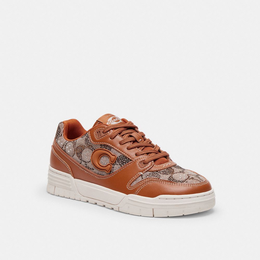 COACH®,Soho Sneaker In Crystal Signature Jacquard,Rubber,Casual,Fabric,Logo,Mixed Media,Rhinestones,Pull Tab,Casual,Brown,Front View