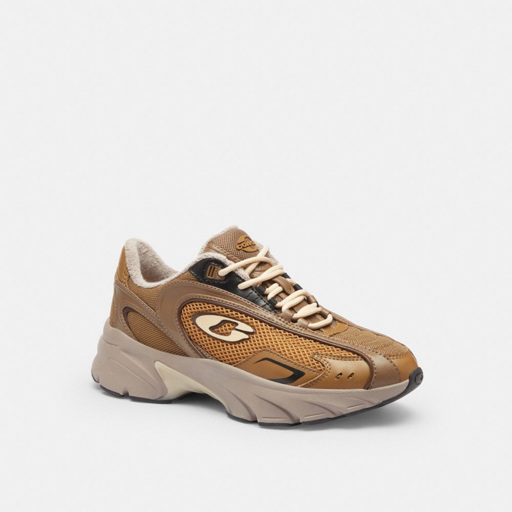 COACH®,Bolt Runner Sneaker,Leather,Rubber,Mesh,Activewear,Low Top,Quilted,Piping,Color Block,Logo,Cushioned,Flexible Insol...,Brown,Front View