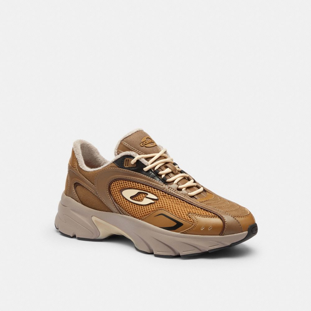 COACH®,Bolt Runner Sneaker,Leather,Rubber,Activewear,Fabric,Piping,Logo,Pull Tab,Flexible Insole,Cushioned,Flexible,Breath...,Brown,Front View