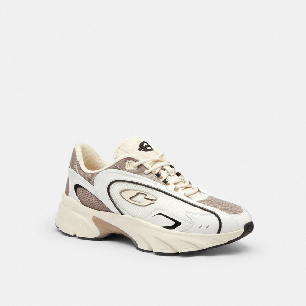 COACH®,Bolt Runner Sneaker,Leather,Rubber,Activewear,Fabric,Piping,Logo,Pull Tab,Flexible Insole,Cushioned,Flexible,Breath...,Cream,Front View