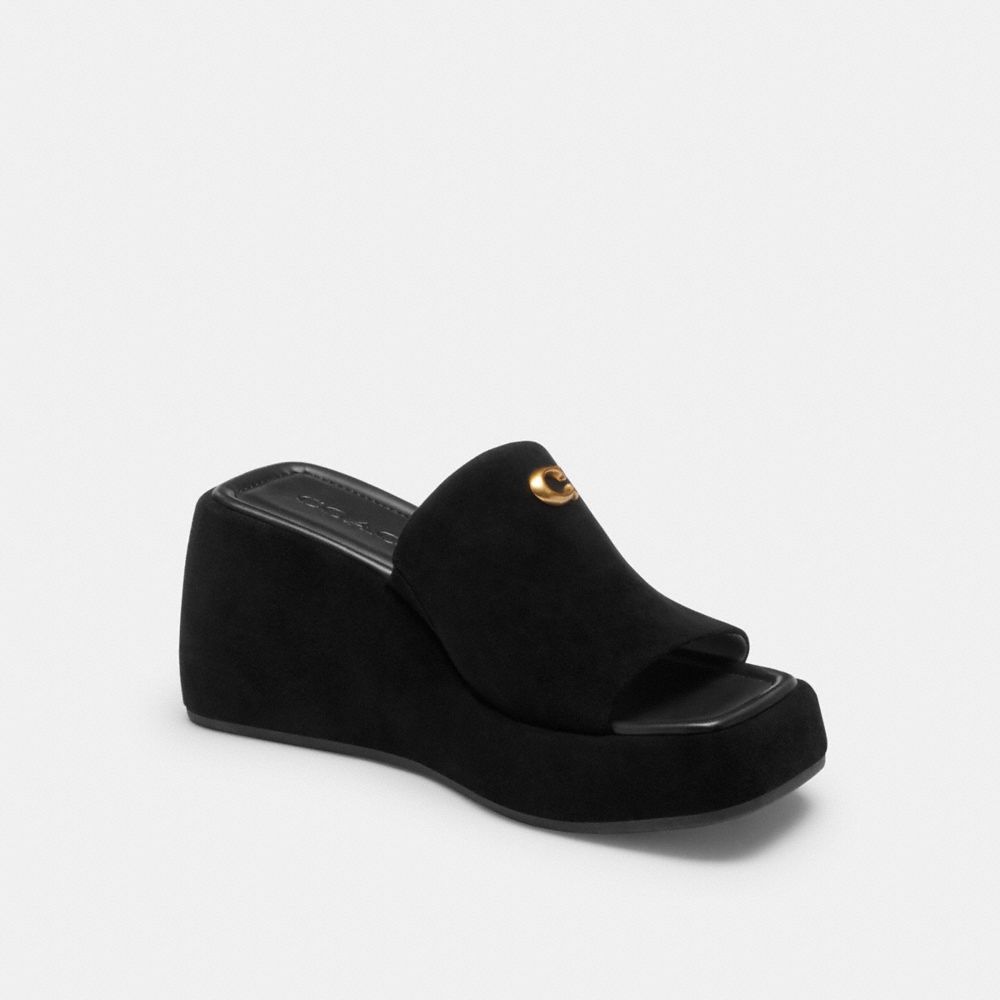 COACH®,Marie Platform Sandal,Rubber,Leather,Suede,Slides,Logo,Metal,Cushioned,Cushioned Outsole,Casual,Black,Front View