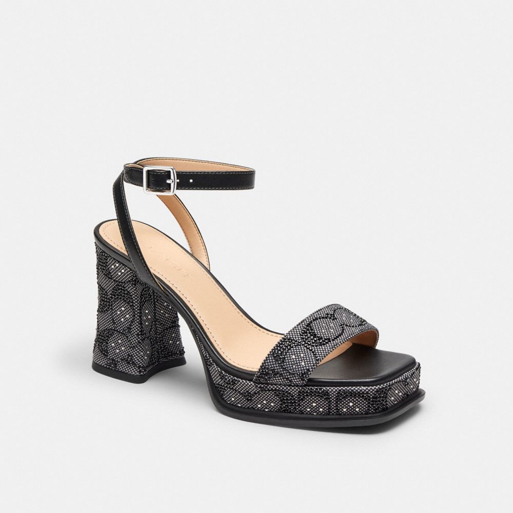 COACH®,Platform Sandal In Crystal Signature Jacquard,Recycled Polyester,Rubber,Leather,Cotton,Sandals,Fabric,Logo,Rhinesto...,Black,Front View