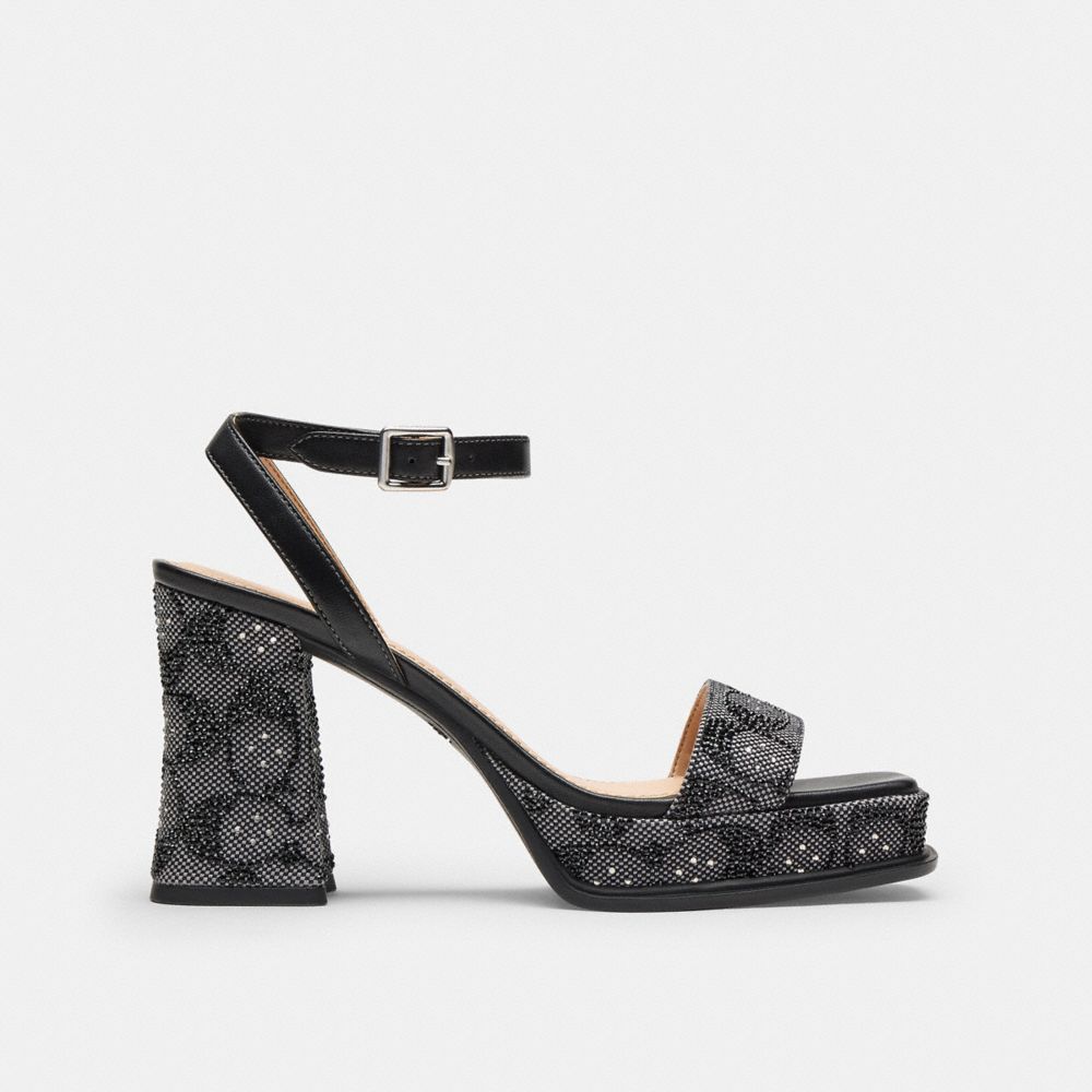 COACH®,Platform Sandal In Crystal Signature Jacquard,Recycled Polyester,Rubber,Leather,Cotton,Sandals,Fabric,Logo,Rhinesto...,Black,Angle View