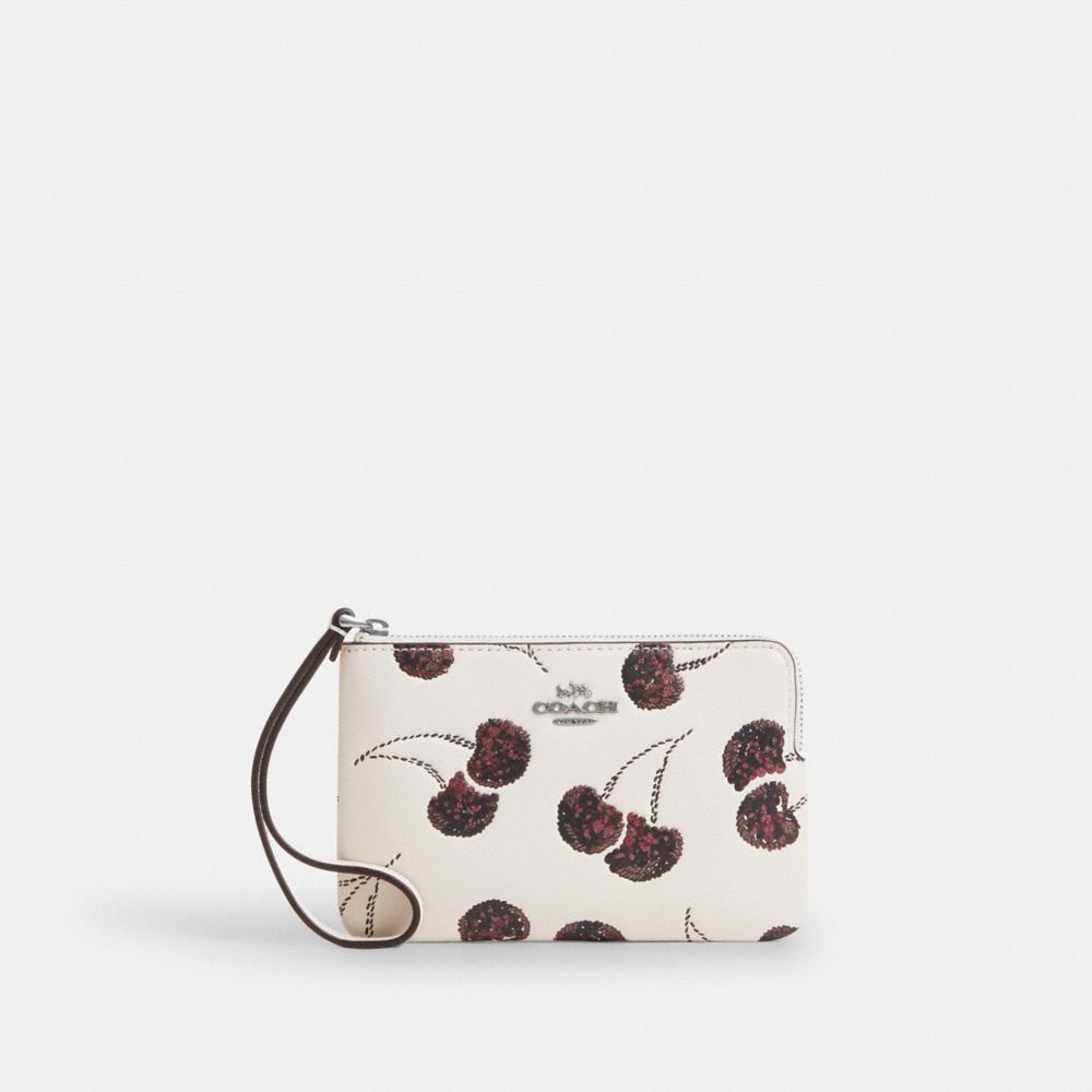 COACH®,Corner Zip Wristlet With Cherry Print,Leather,Pouch,Wristlet,Logo,Metal,Glitter,Casual,White,Front View