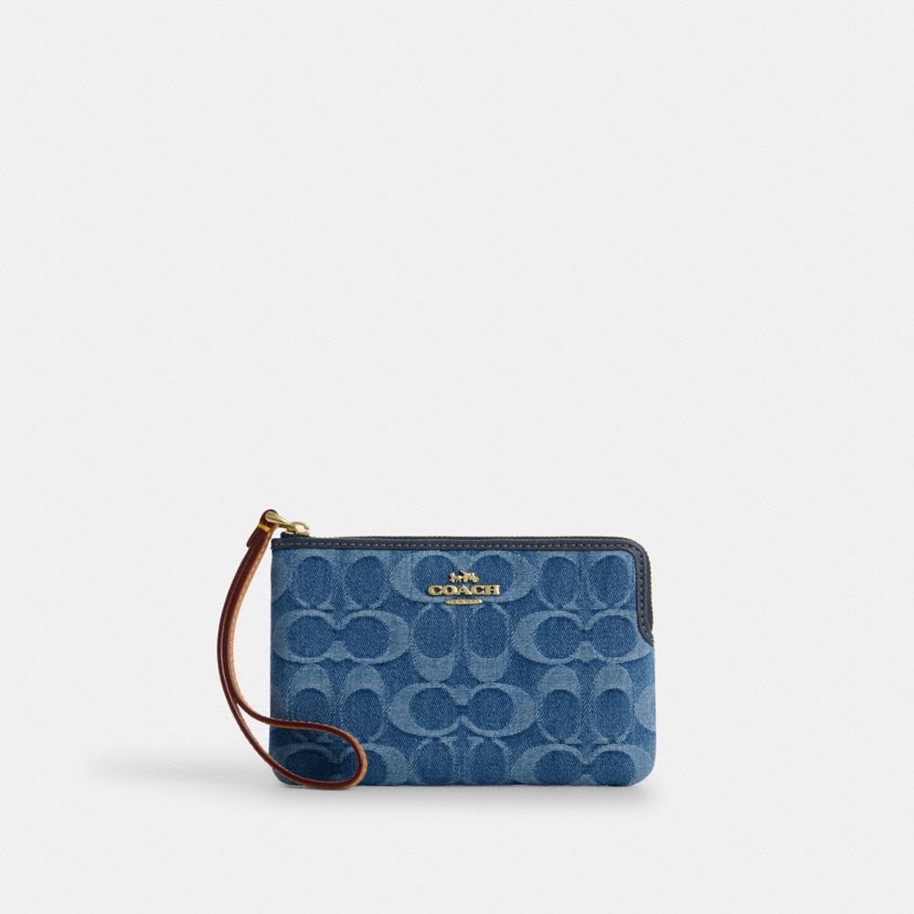 COACH®,Corner Zip Wristlet In Signature Denim,Leather,Cotton,Denim,Pouch,Wristlet,Metal,Logo,Casual,Blue,Front View