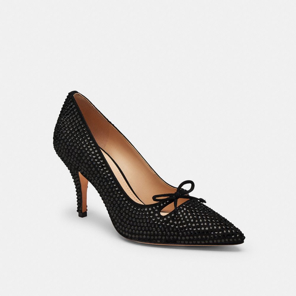COACH®,Pump With Crystals,Suede,Leather,Lining Leather,Pumps,Crystal,Fabric,Bow,Rhinestones,Embellished,Cut Out,Pull Tab,C...,Black,Front View