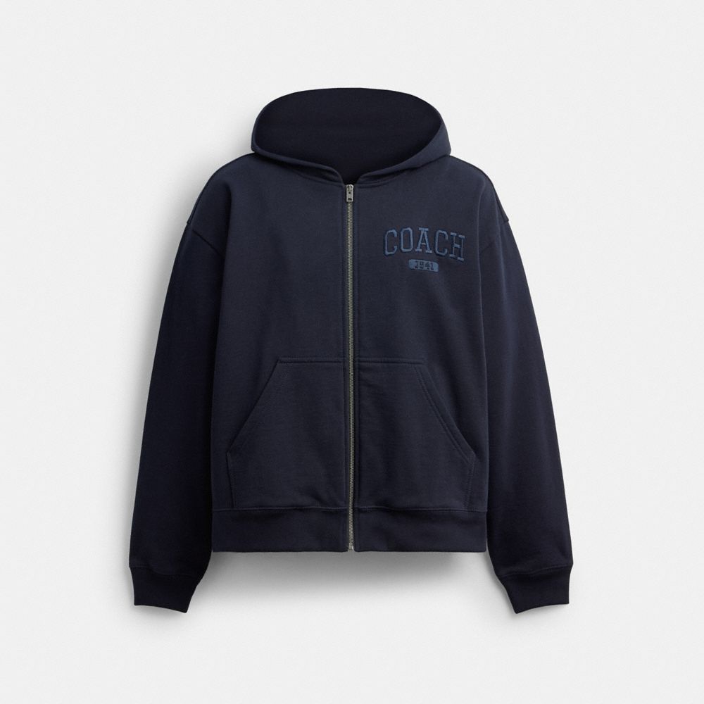 COACH®,Boxy Full Zip Hoodie,Cotton,Sweatshirt Jacket,Logo,Casual,Navy,Front View