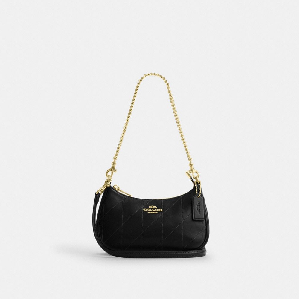 COACH®,Teri Mini Crossbody Bag With Quilting,Leather,Shoulder Bag,Logo,Metal,Gold Metal,Day Party,Black,Front View