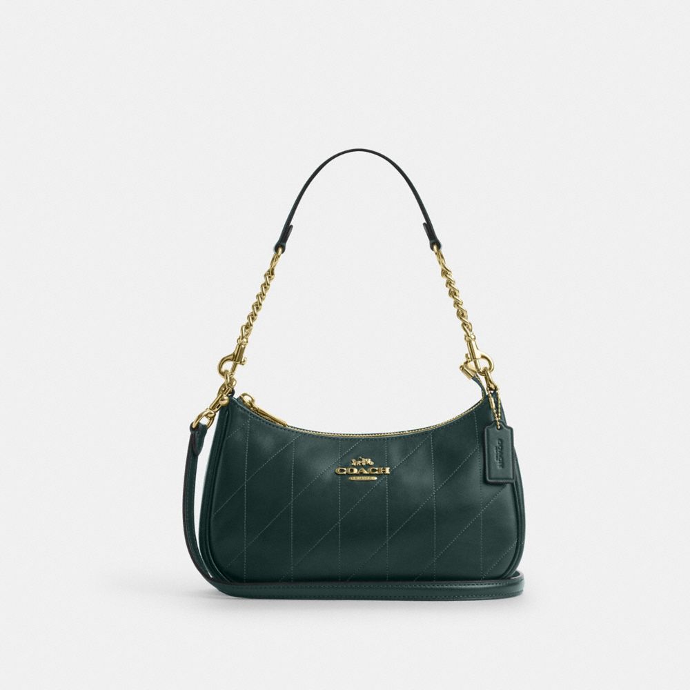 COACH®,Teri Shoulder Bag With Quilting,Leather,Shoulder Bag,Logo,Metal,Chain Detail,Day Party,Emerald,Front View