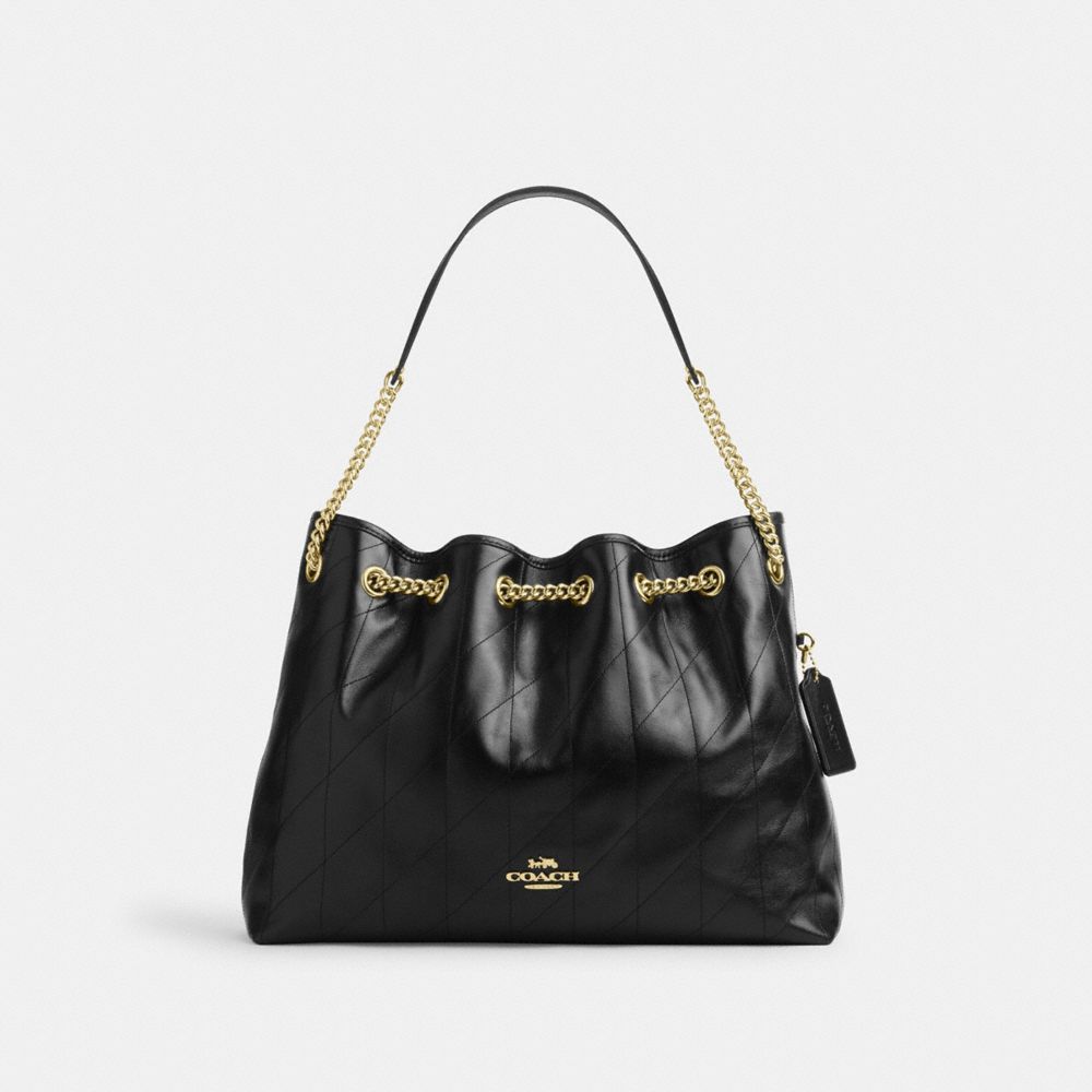 COACH®,Evelyn Shoulder Bag With Quilting,Leather,Bucket,Logo,Metal,Gold Metal,Day Party,Black,Front View