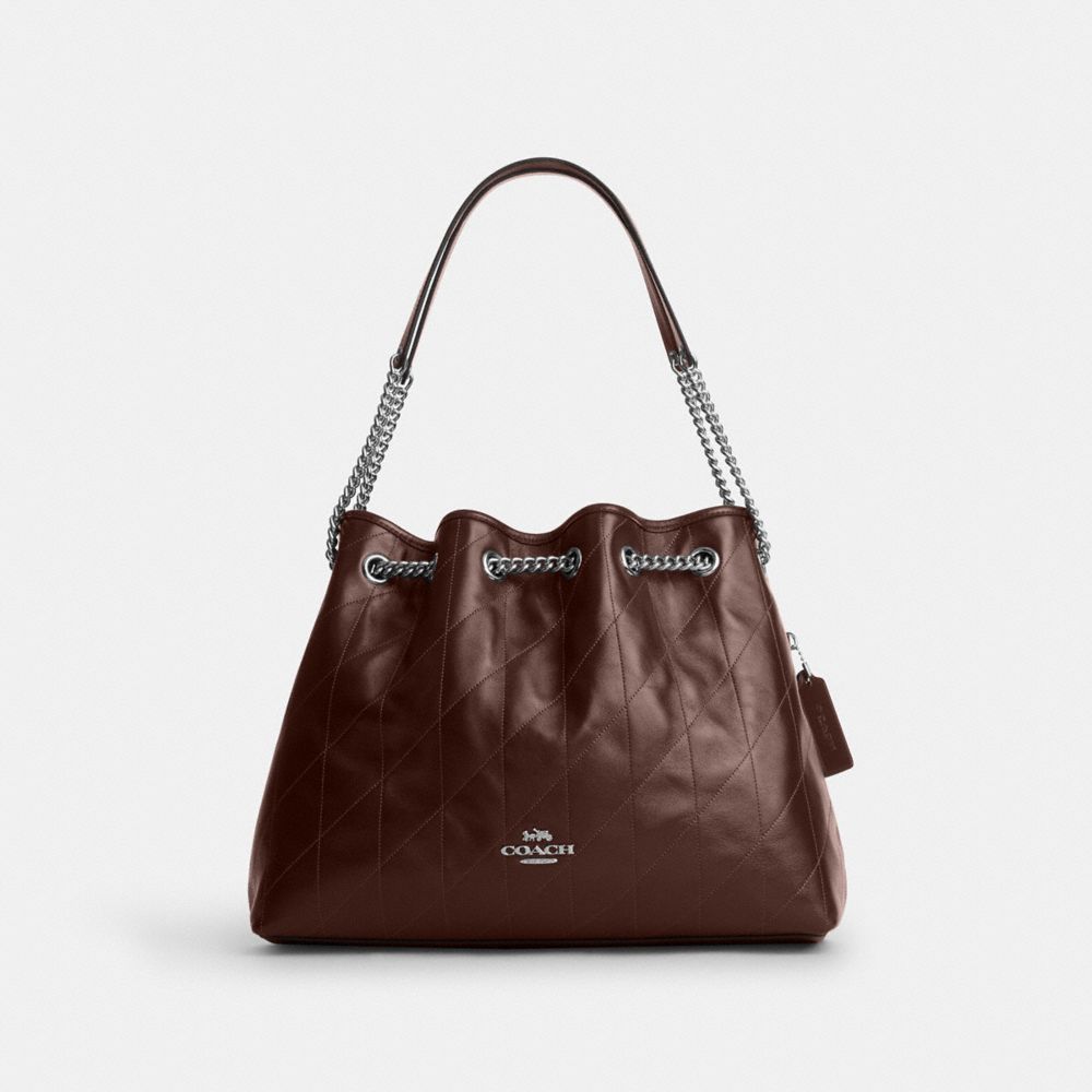 COACH®,Evelyn Shoulder Bag With Quilting,Leather,Bucket,Logo,Metal,Gold Metal,Day Party,Brown,Front View