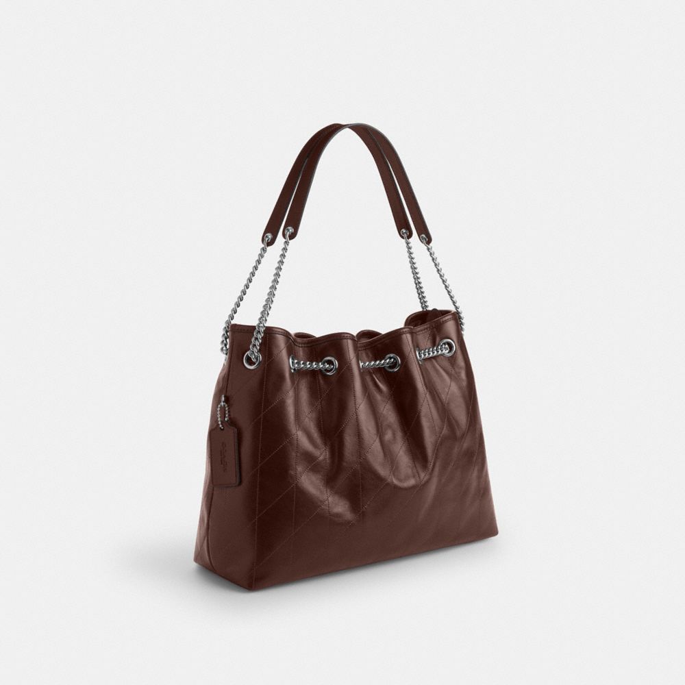 COACH®,Evelyn Shoulder Bag With Quilting,Leather,Bucket,Metal,Logo,Gold Metal,Day Party,Brown,Angle View