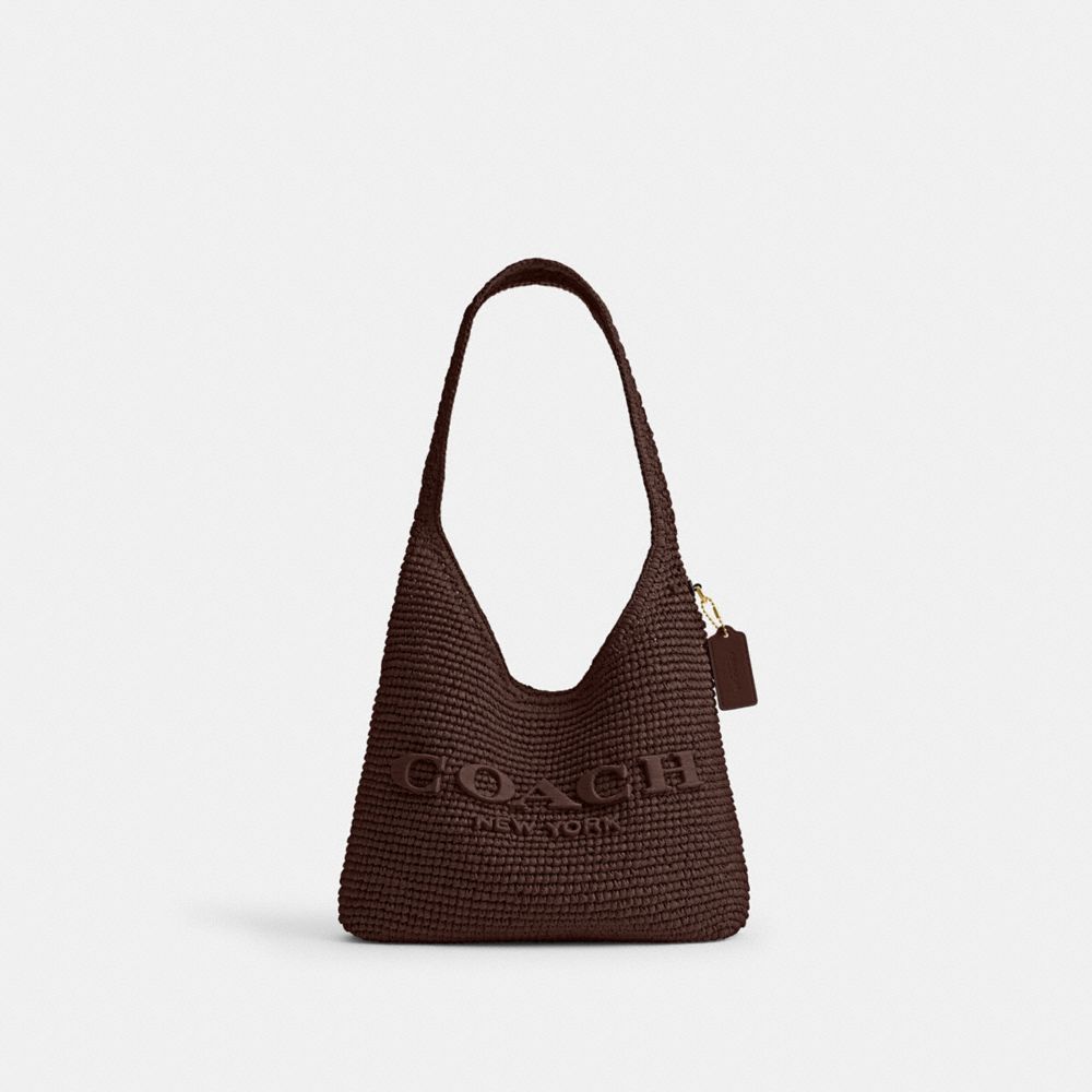 COACH®,Brooklyn Shoulder Bag 28,Calfskin Leather,Hobo,Straw,Logo,Applique,Pendant,Brass,Casual,Brown,Front View
