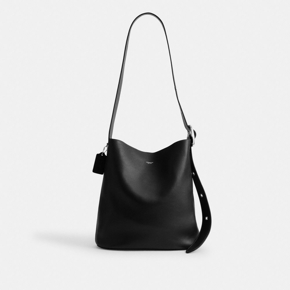 COACH®,Bleecker Bucket Bag 36,Leather,Bucket,Pendant,Adjustable,Silver Metal,Casual,Black,Front View