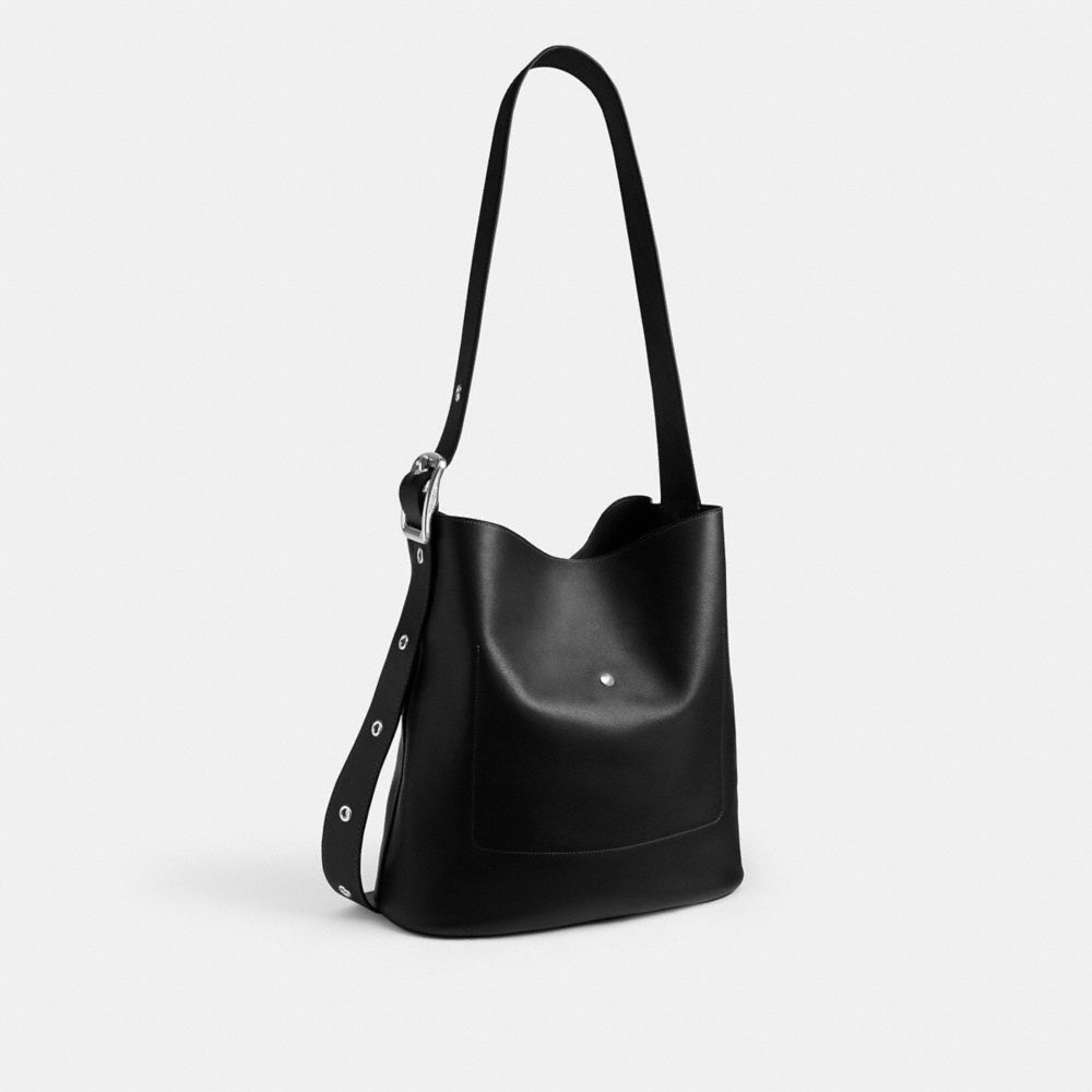 COACH®,Bleecker Bucket Bag 36,Leather,Bucket,Pendant,Adjustable,Silver Metal,Casual,Black,Angle View